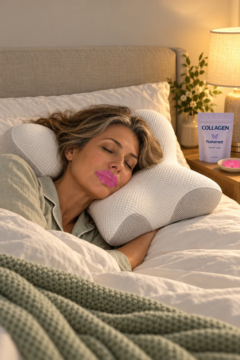 Woman in her 50s sleeping on the Flutterrest pillow with the collagen mouth tape