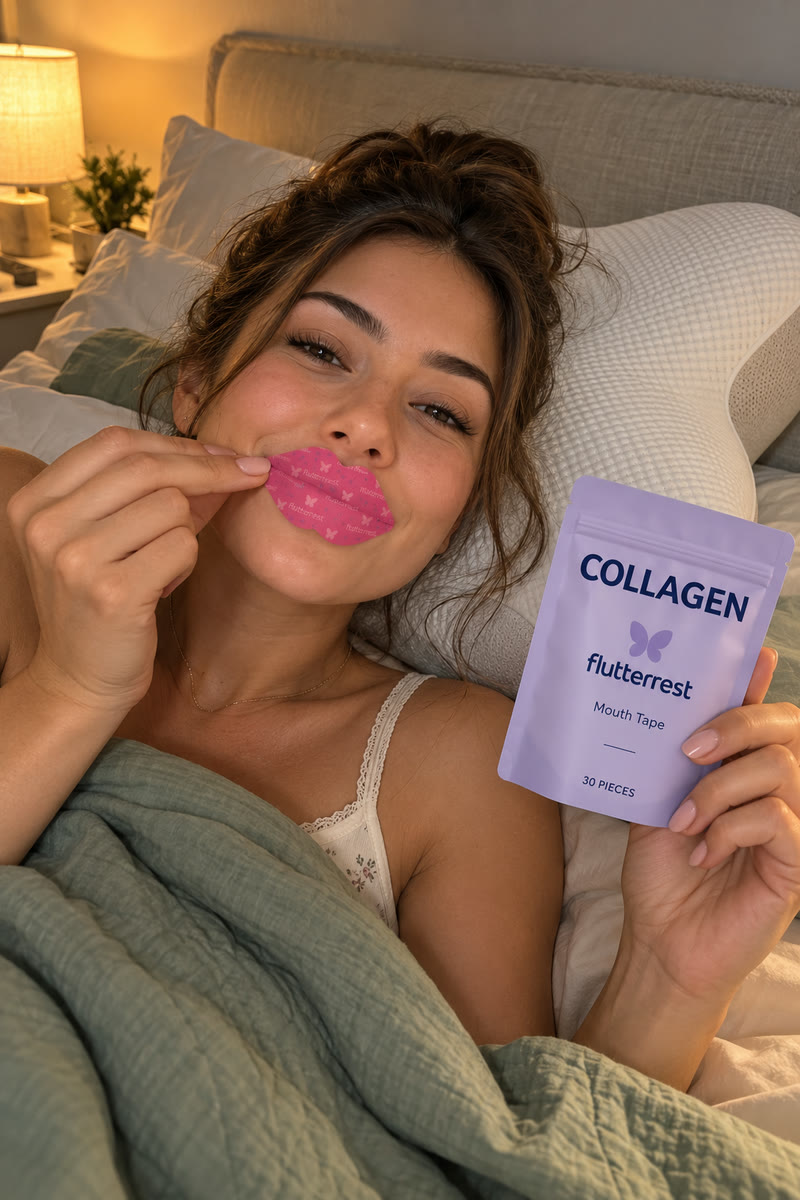 Woman applying Flutterrest collagen mouth tape