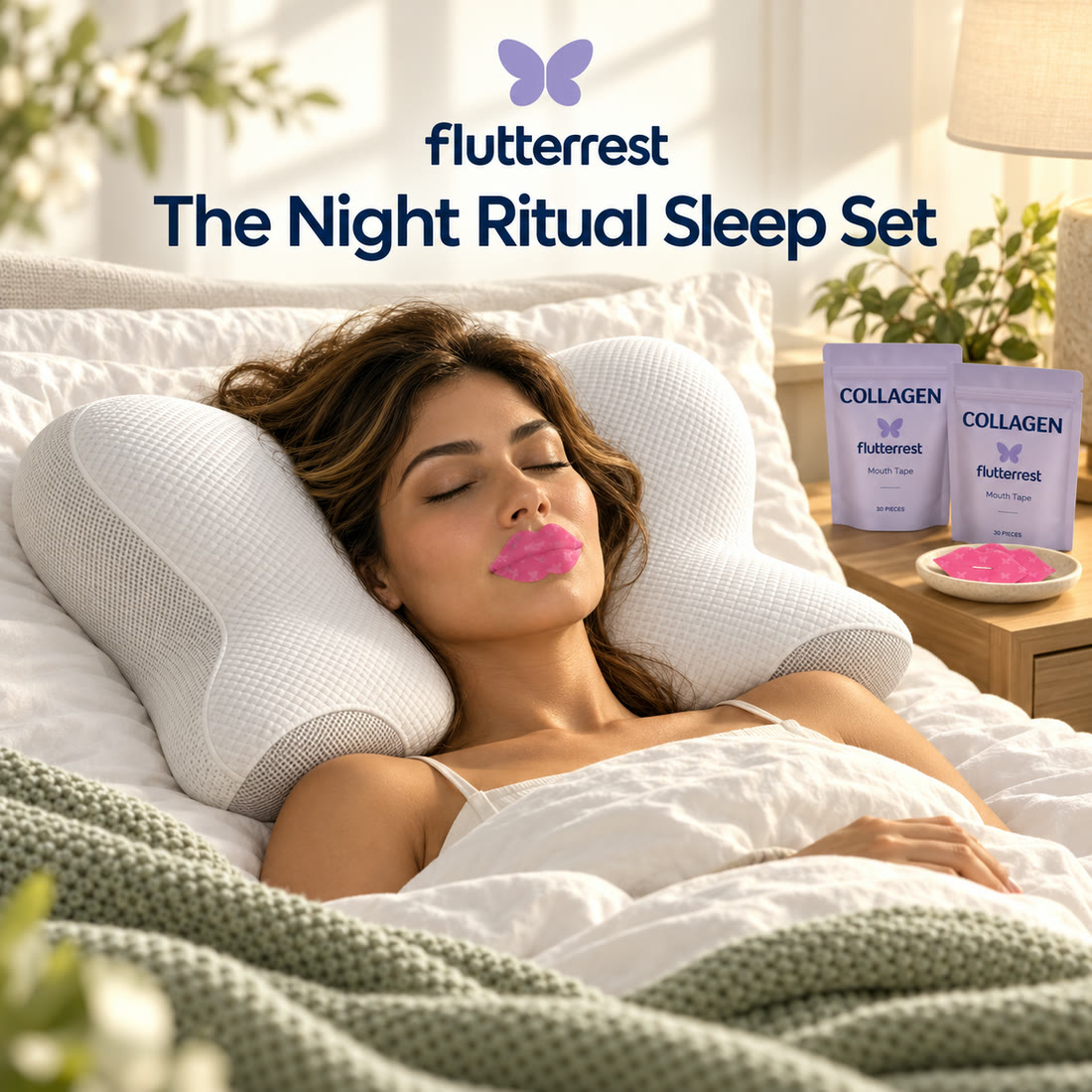 Woman resting on the Flutterrest butterfly pillow wearing the collagen mouth tape